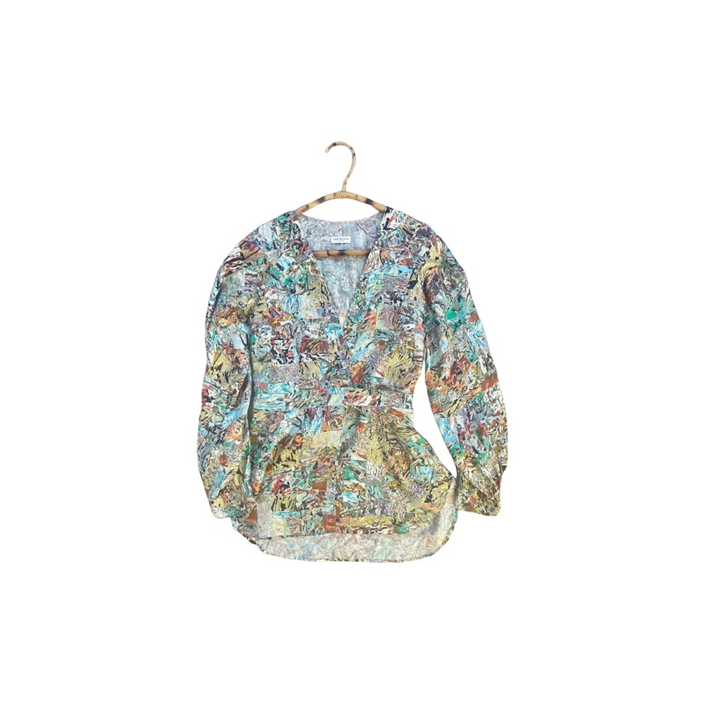 Dries Van Noten Silk Marbled Patchwork Wrap Tunic - image 1
